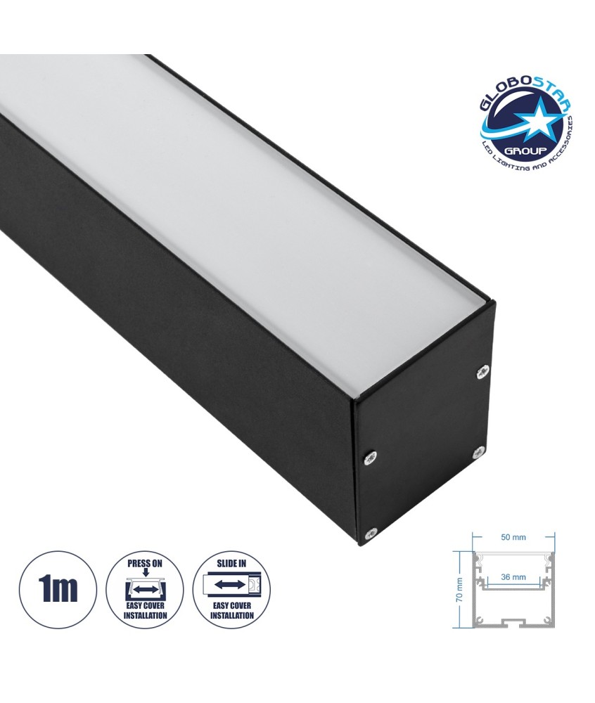 GloboStar® SURFACEPENDANT-PROFILE 70828-1M Προφίλ Αλουμινίου - Βάση & Ψύκτρα Ταινίας LED με Λευκό Γαλακτερό Κάλυμμα - Επιφανειακή & Κρεμαστή Χρήση - Πατητό Κάλυμμα - Μαύρο - 1 Μέτρο - Μ100 x Π5 x Υ7cm